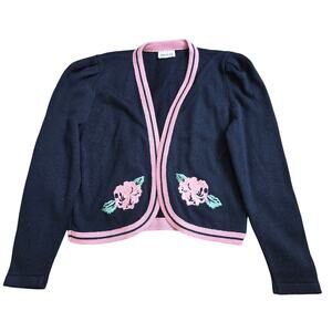 Leslie Fay Women Vtg Cottage Floral Rose Embroidered Knit Puff Sleeve Cardigan M